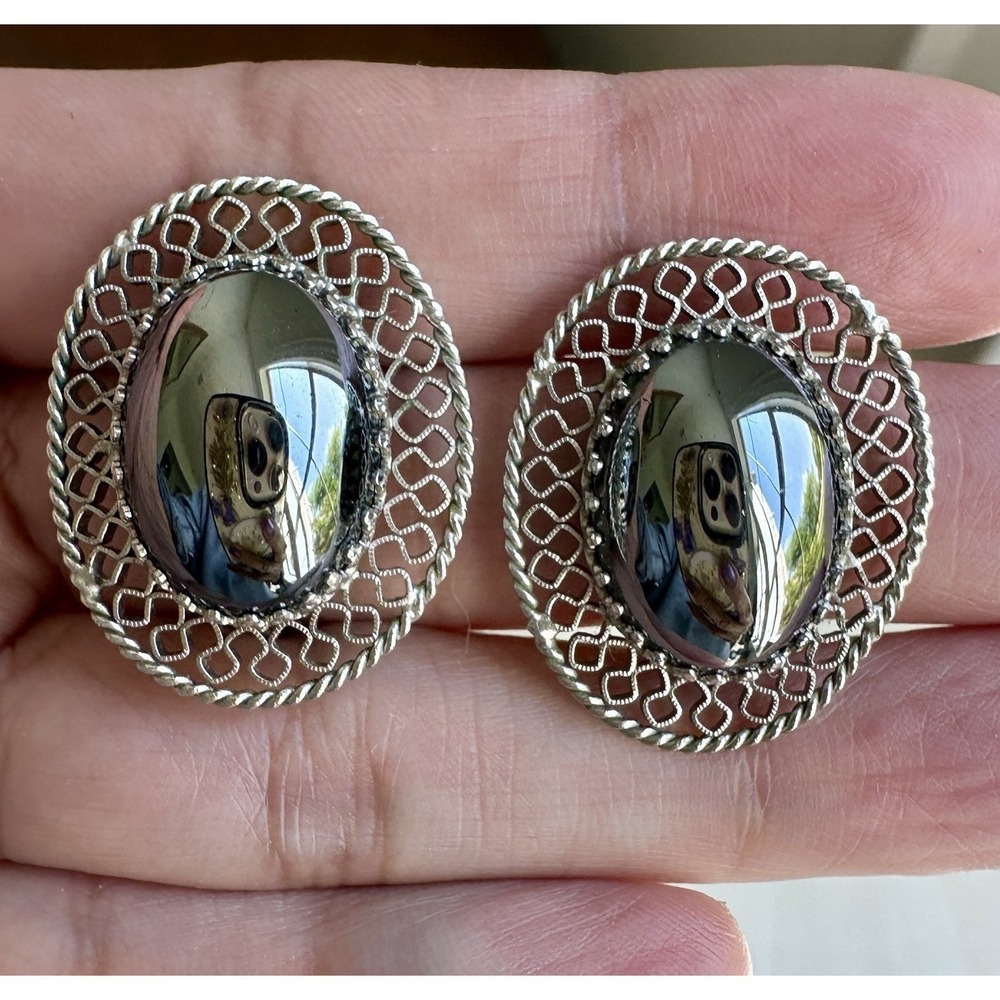 Vintage Whiting Davis Clip On Earrings 1.125 Inch Oval Hematite Cabochon Silver